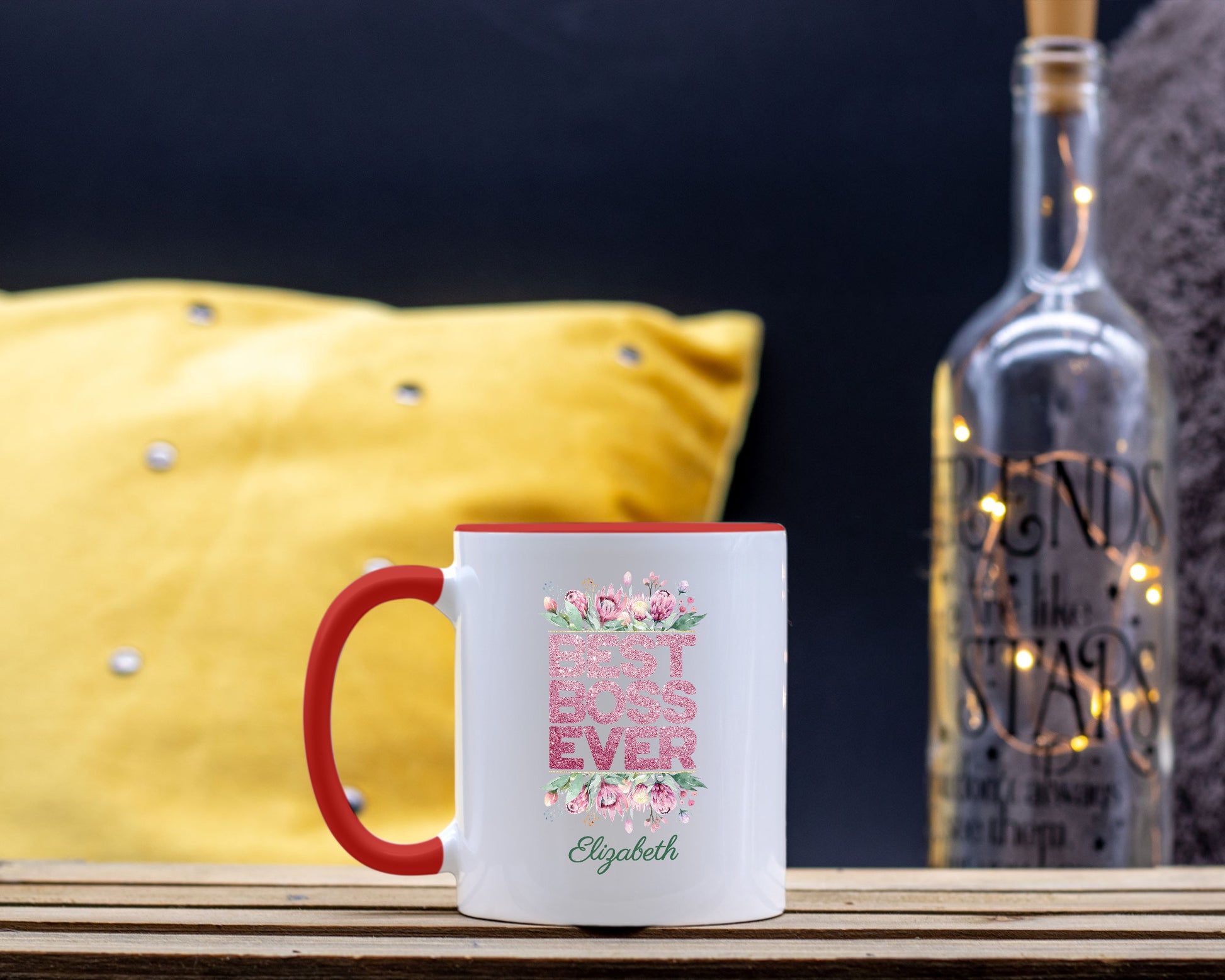 red handled coffee mug on counter